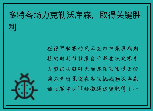 多特客场力克勒沃库森，取得关键胜利